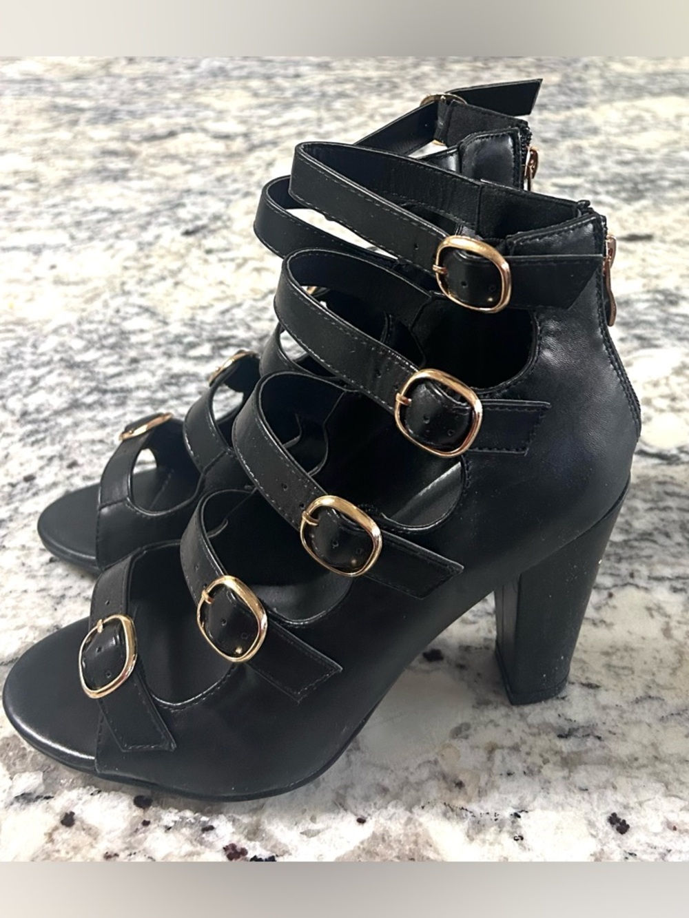 Ashley Stewart Black Multi-Strap Buckle Block Heel Sandals